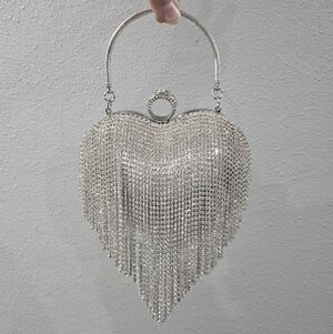 Silver Sparkling Glitter Heart Shaped Top Handle Chain Clutch Purse Bag